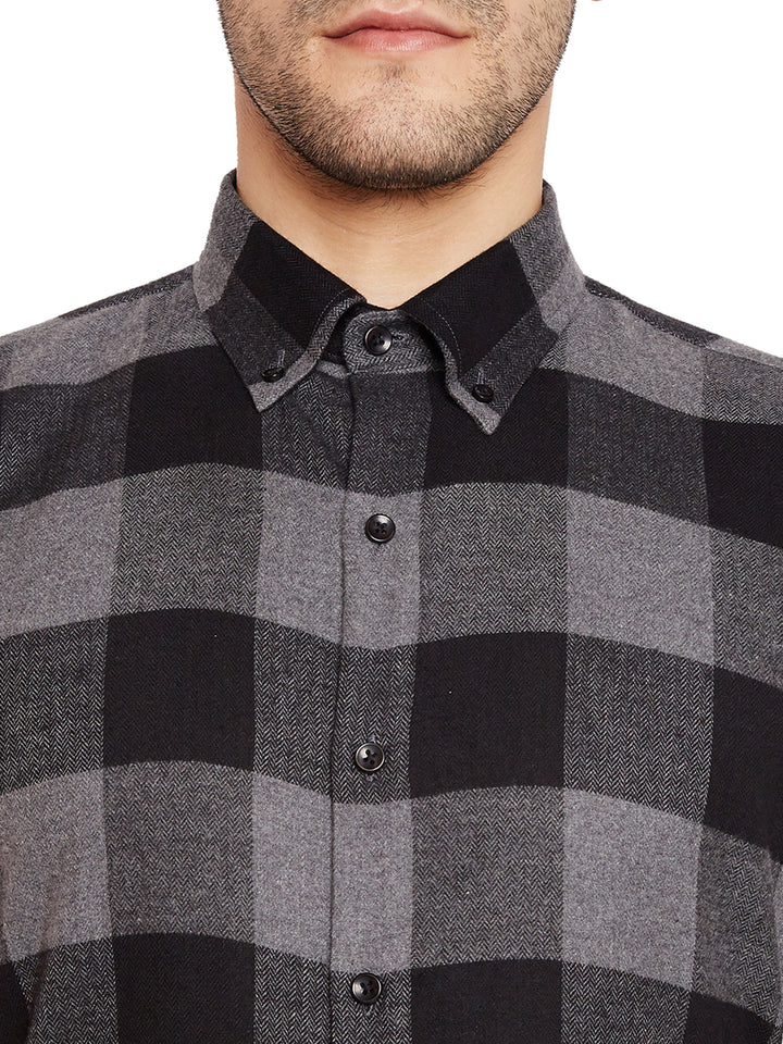 Men Grey & Black Checks Slim Fit Pure Cotton Formal Shirt