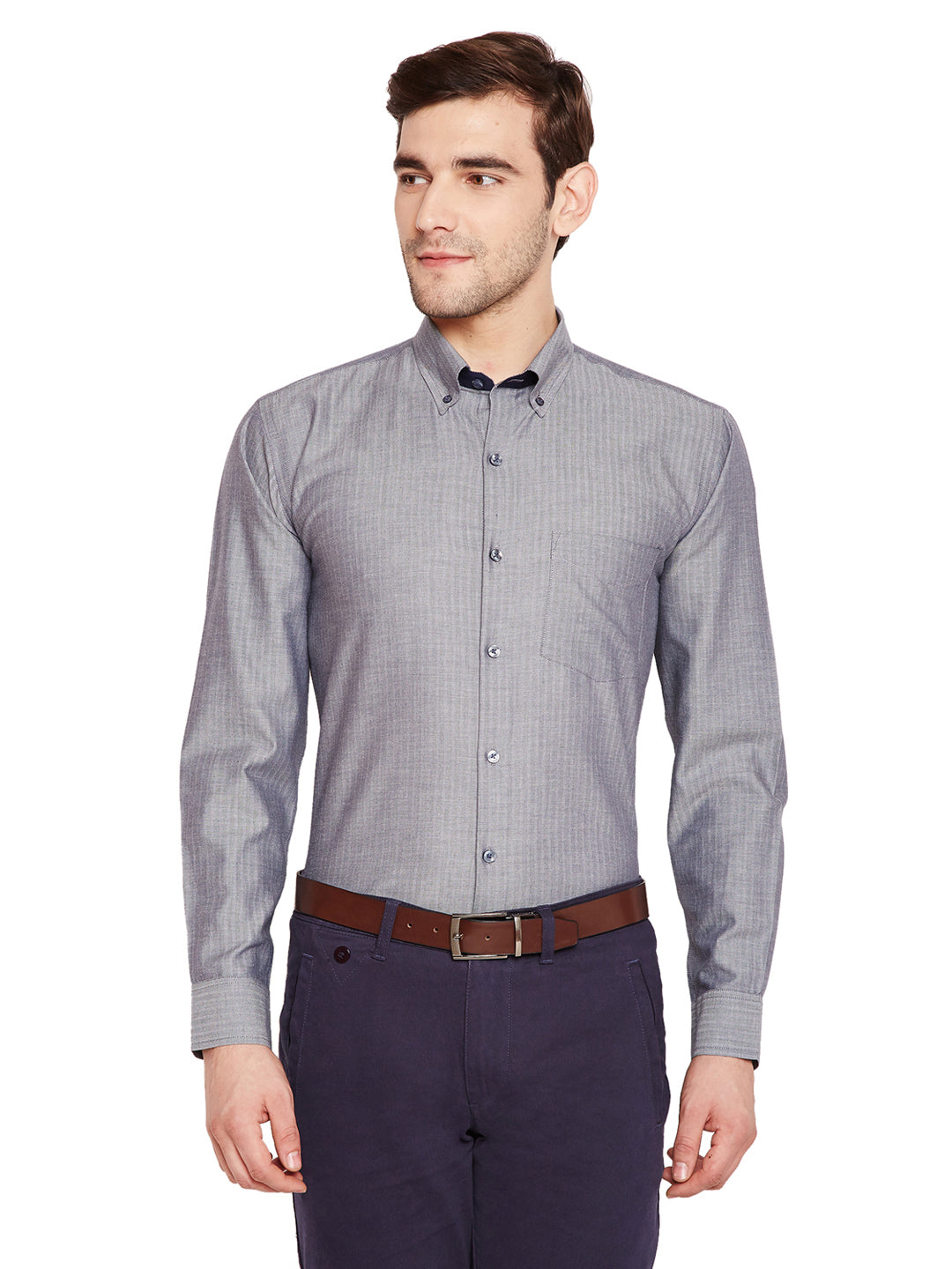 Men Grey Solid Slim Fit Pure Cotton Formal Shirt