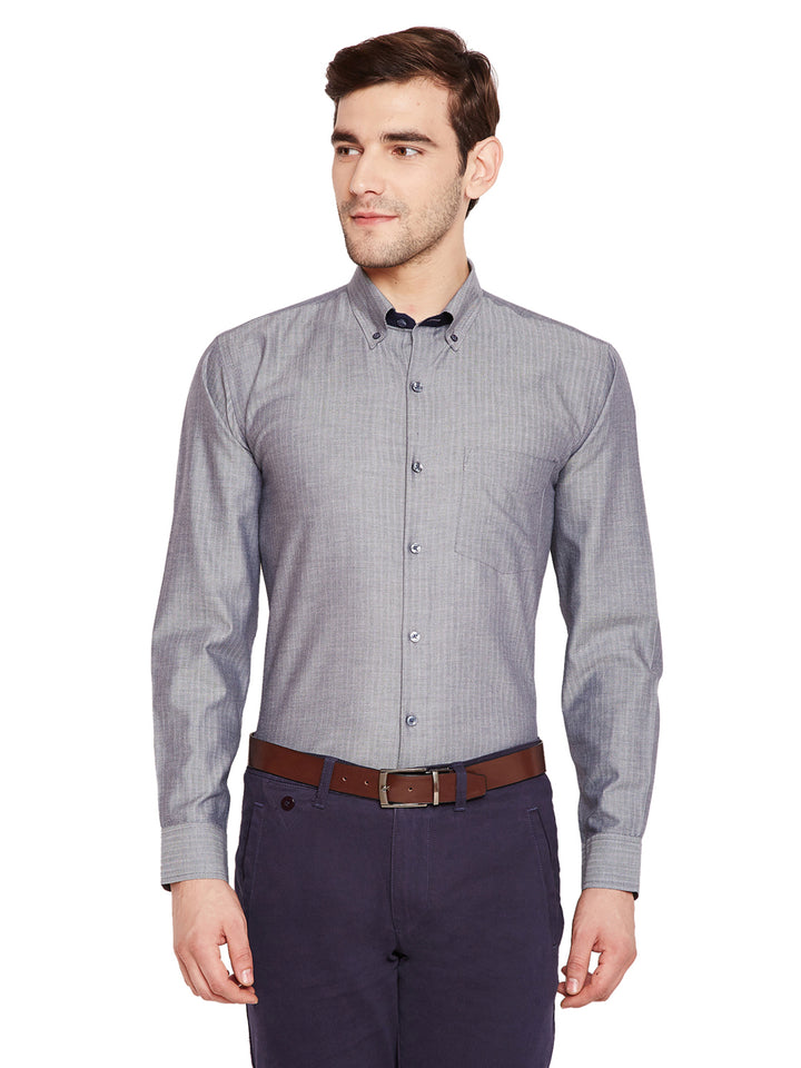Men Grey Solid Slim Fit Pure Cotton Formal Shirt