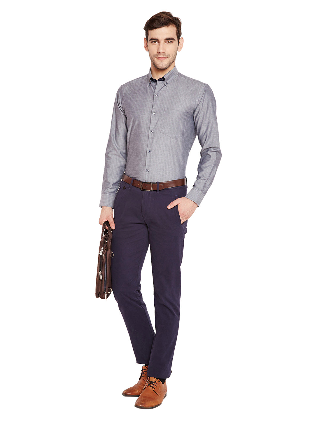 Men Grey Solid Slim Fit Pure Cotton Formal Shirt