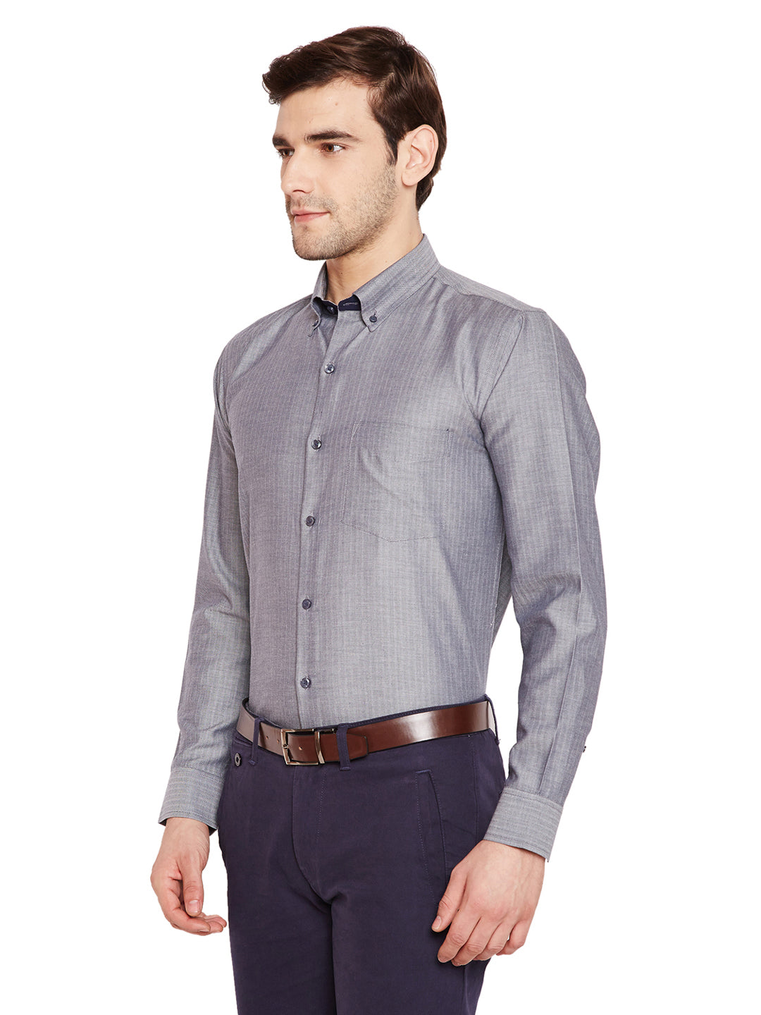 Men Grey Solid Slim Fit Pure Cotton Formal Shirt