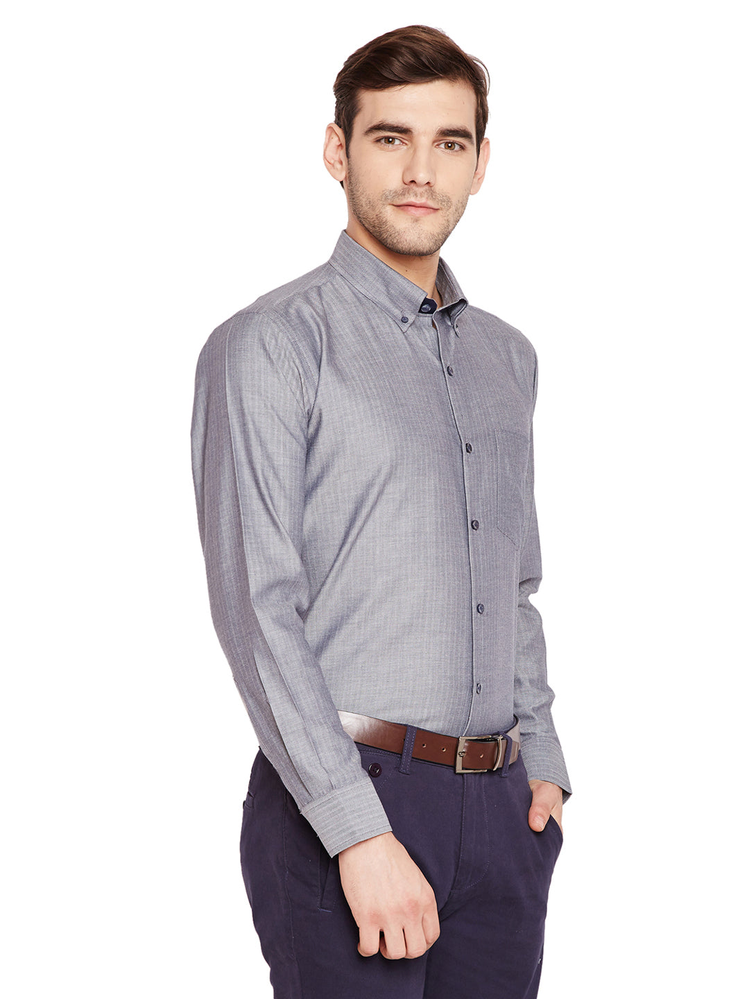 Men Grey Solid Slim Fit Pure Cotton Formal Shirt