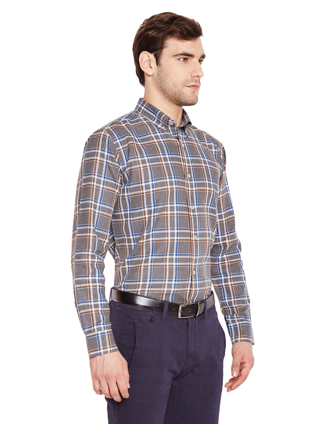Men Grey & Navy Blue Checks Slim Fit Pure Cotton Formal Shirt
