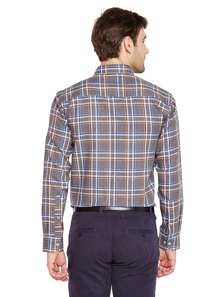 Men Grey & Navy Blue Checks Slim Fit Pure Cotton Formal Shirt