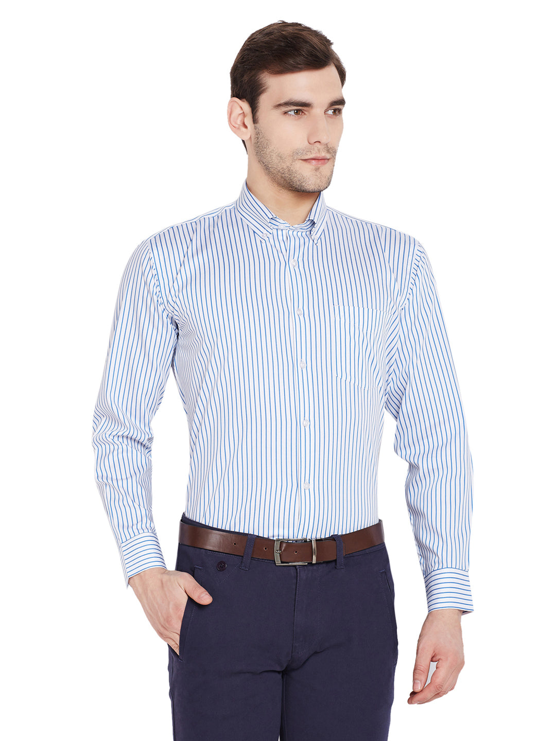Men Blue & White Stripes Regular Fit Pure Cotton Formal Shirt