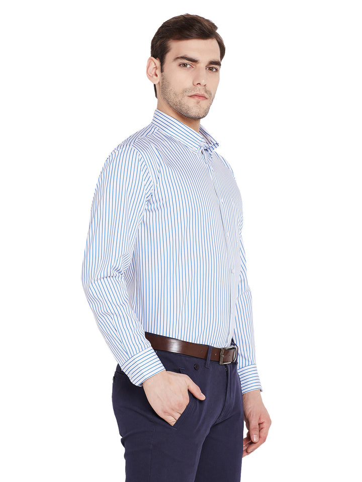 Men Blue & White Stripes Regular Fit Pure Cotton Formal Shirt