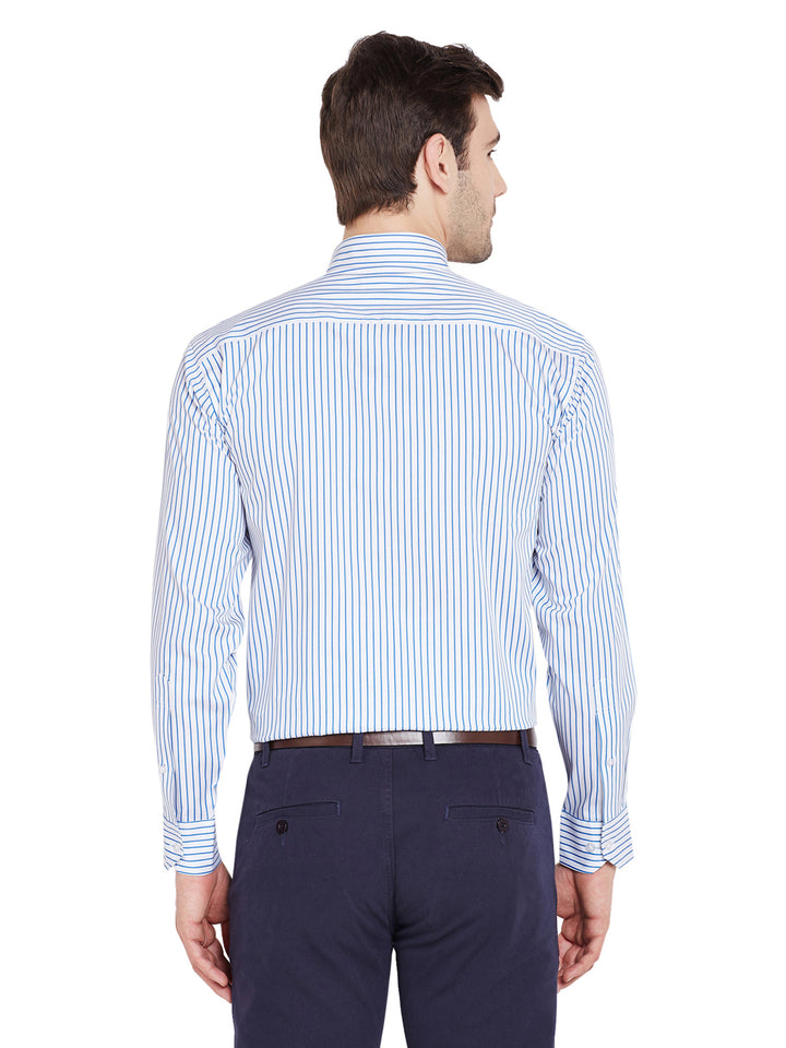 Men Blue & White Stripes Regular Fit Pure Cotton Formal Shirt