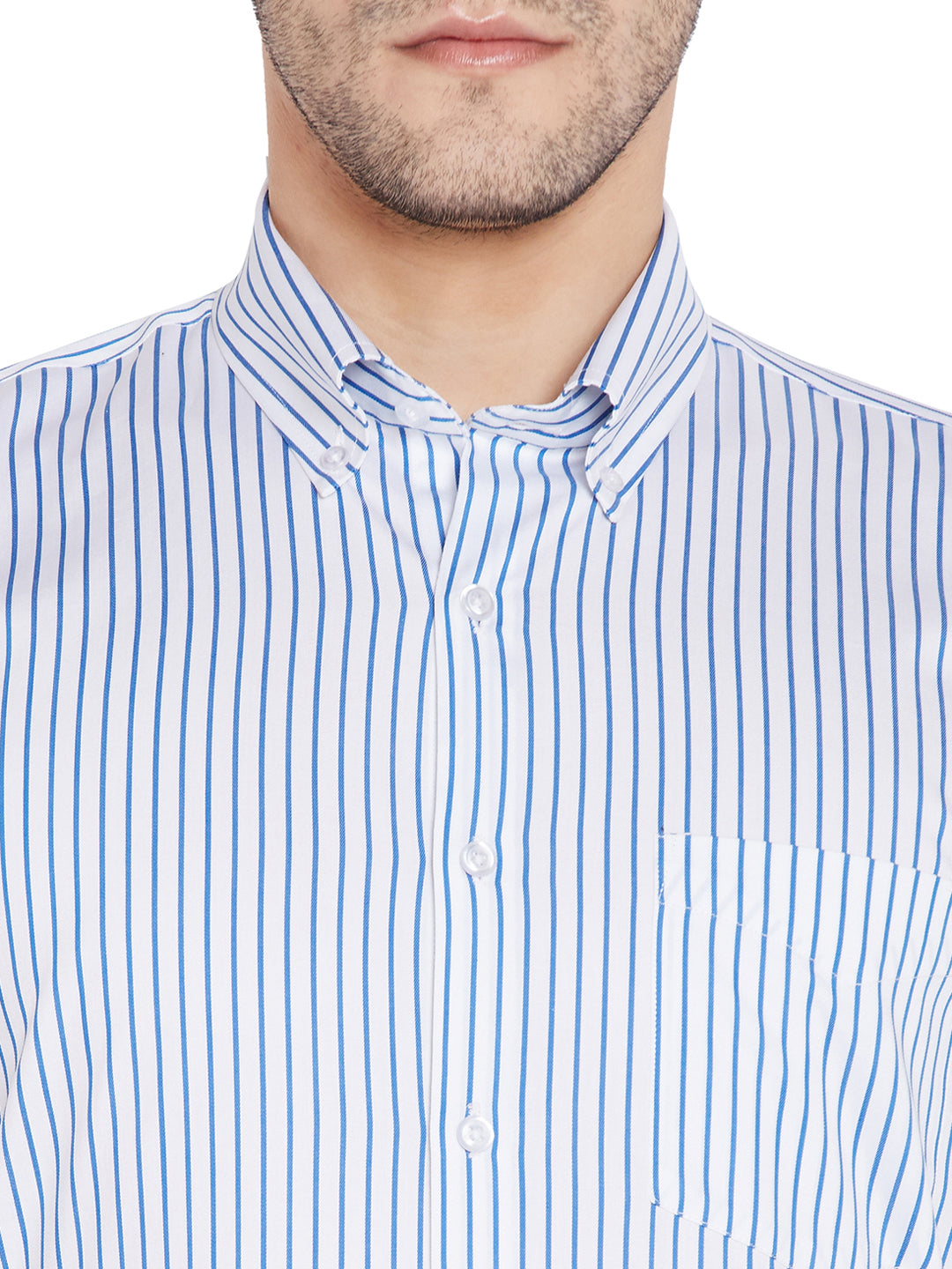 Men Blue & White Stripes Regular Fit Pure Cotton Formal Shirt