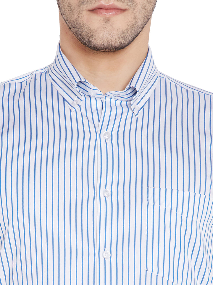 Men Blue & White Stripes Regular Fit Pure Cotton Formal Shirt