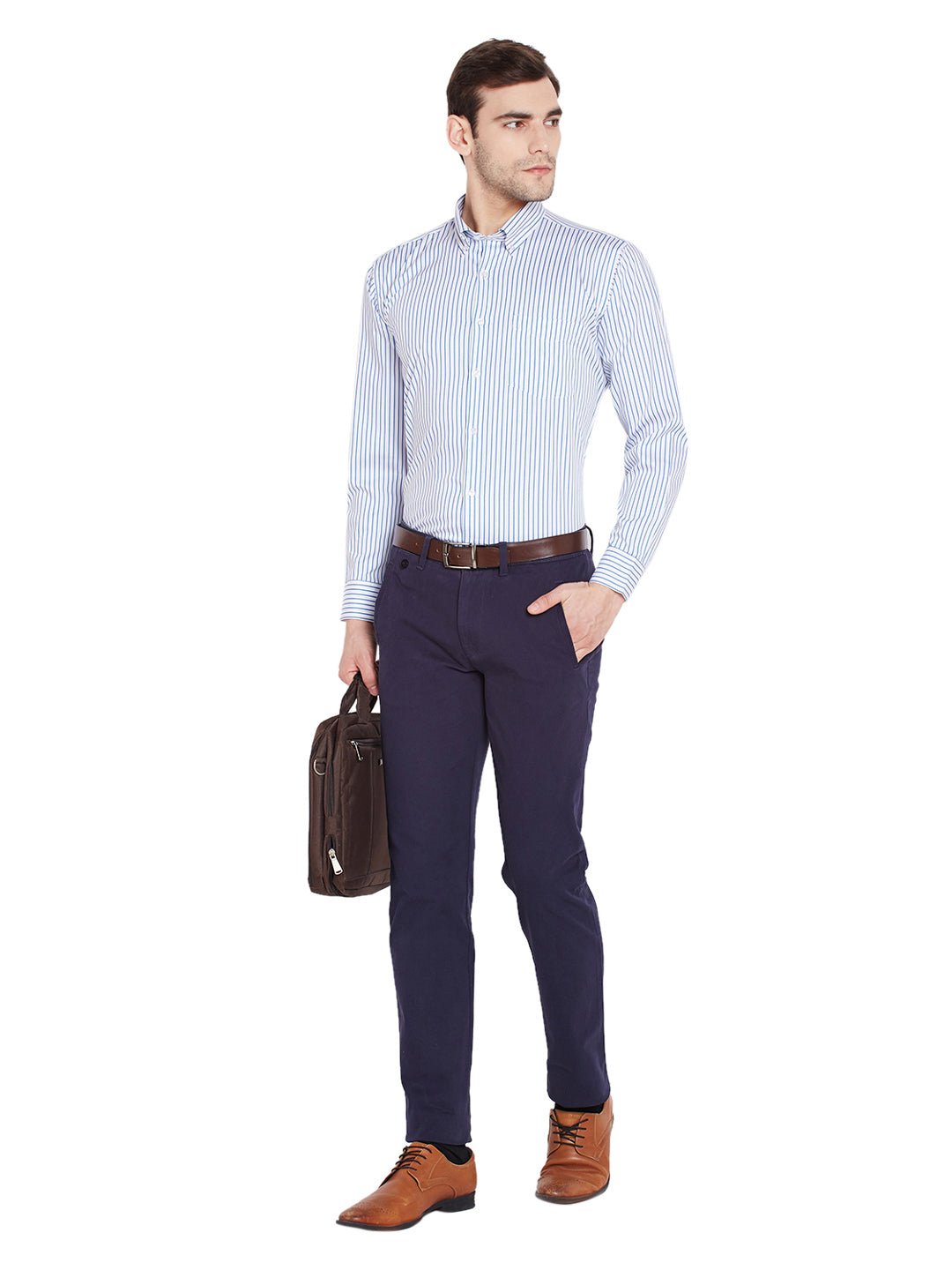 Men Blue & White Stripes Regular Fit Pure Cotton Formal Shirt