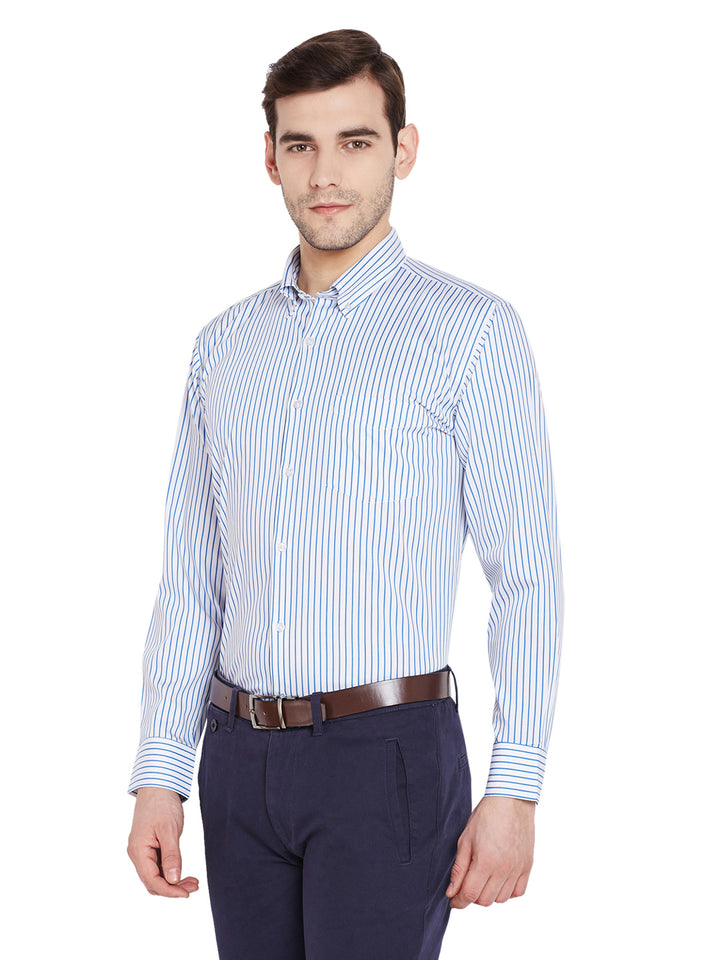 Men Blue & White Stripes Regular Fit Pure Cotton Formal Shirt