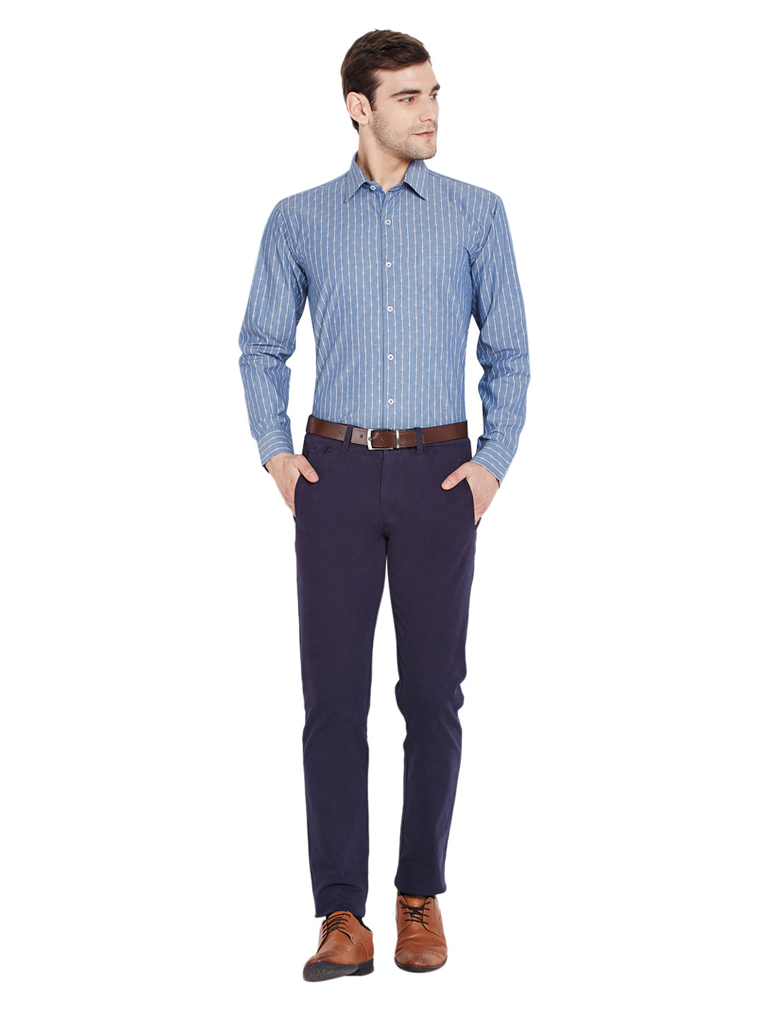 Men Blue Stripes Regular Fit Pure Cotton Formal Shirt