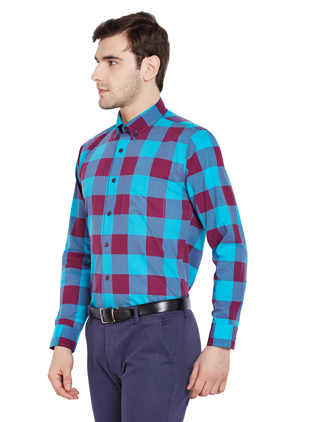 Men Wine & Turquoise Blue Checks Slim Fit Pure Cotton Formal Shirt