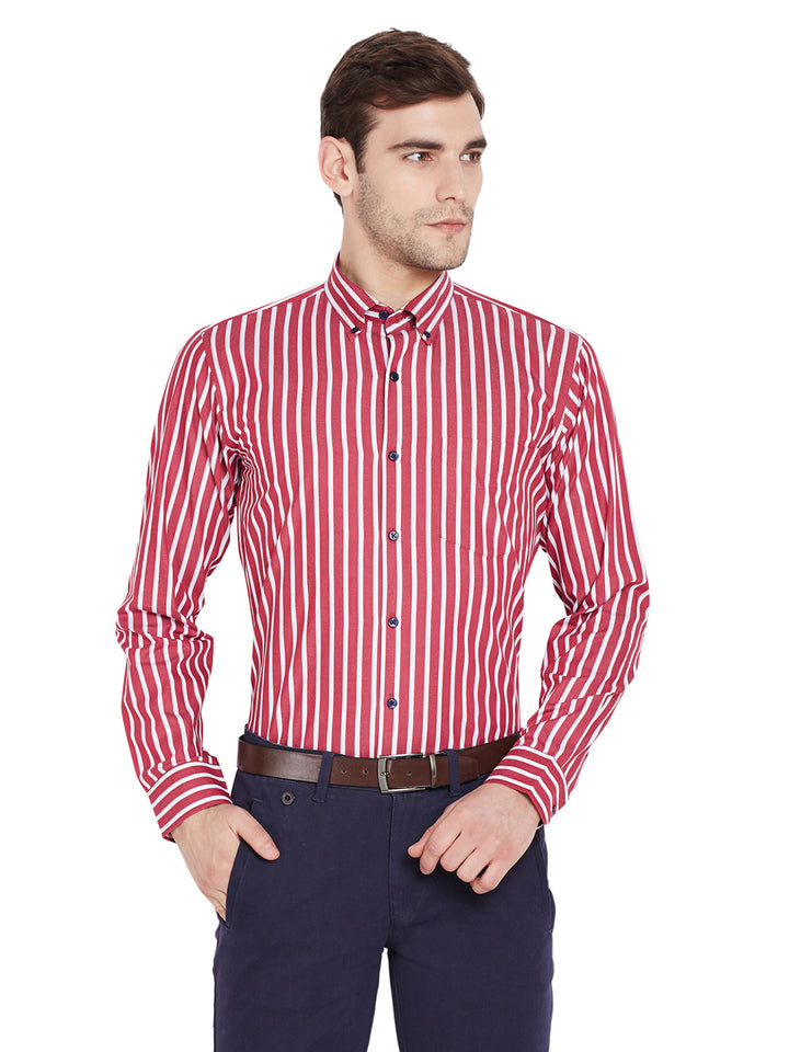 Men Red Stripes Slim Fit Pure Cotton Formal Shirt