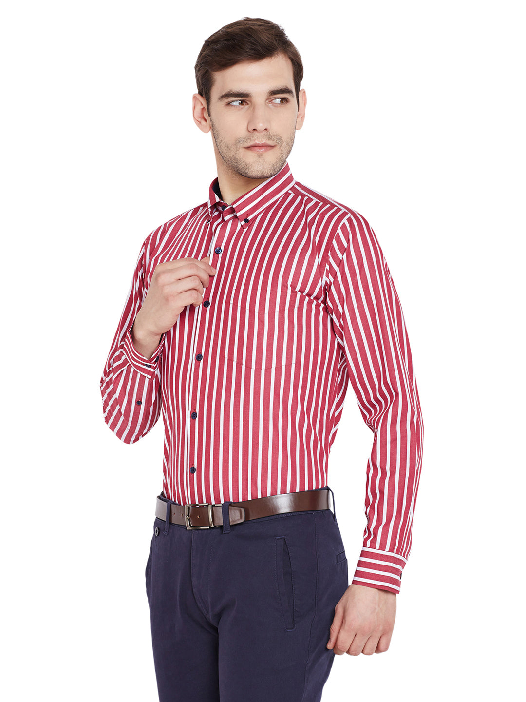 Men Red Stripes Slim Fit Pure Cotton Formal Shirt