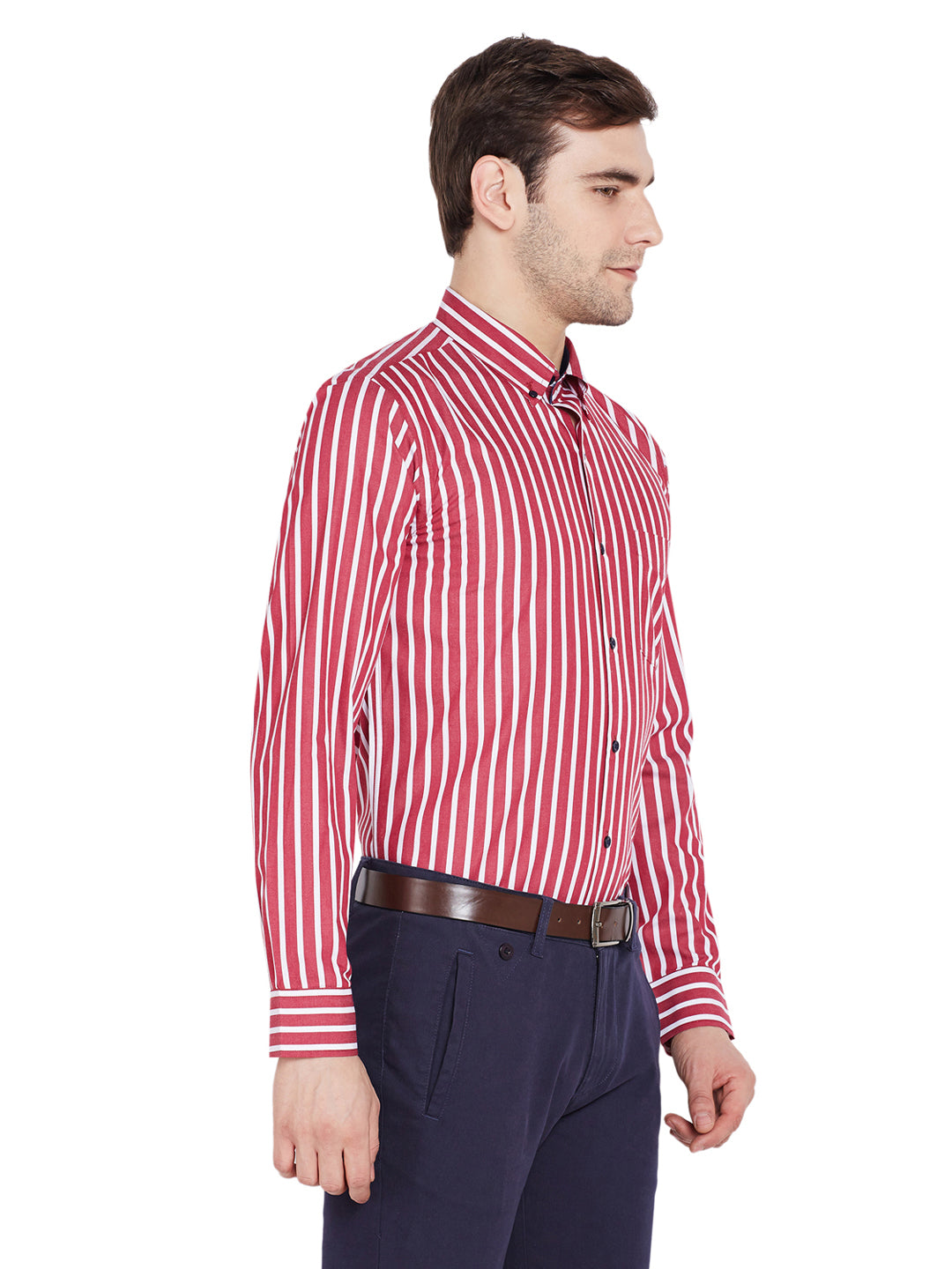 Men Red Stripes Slim Fit Pure Cotton Formal Shirt
