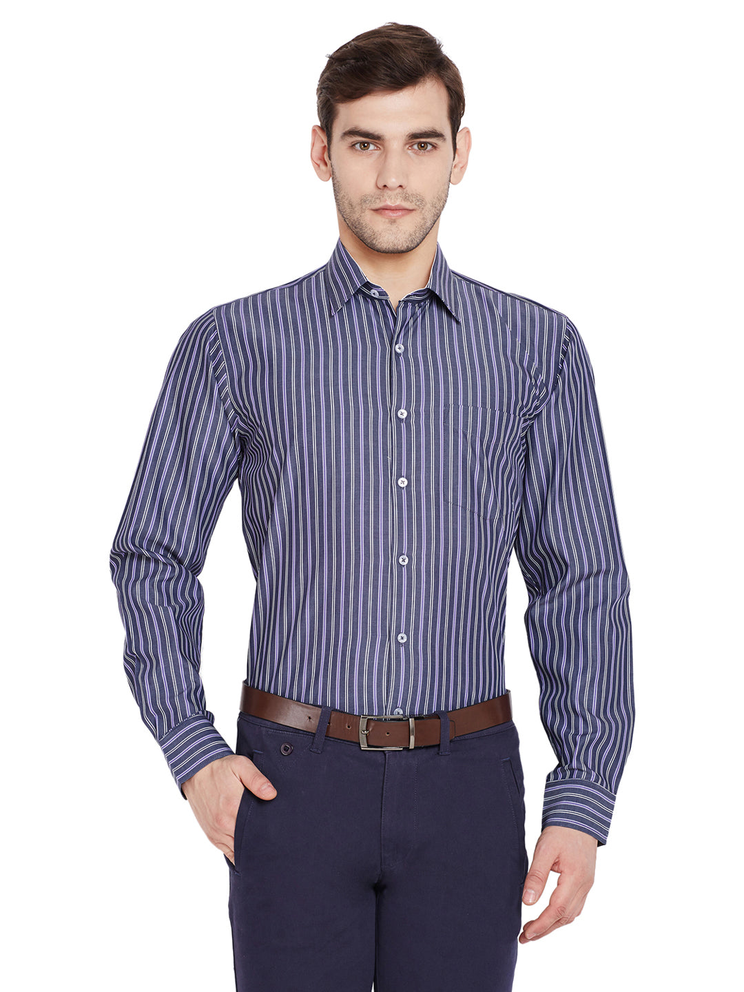 Men Grey Stripes Slim Fit Pure Cotton Formal Shirt