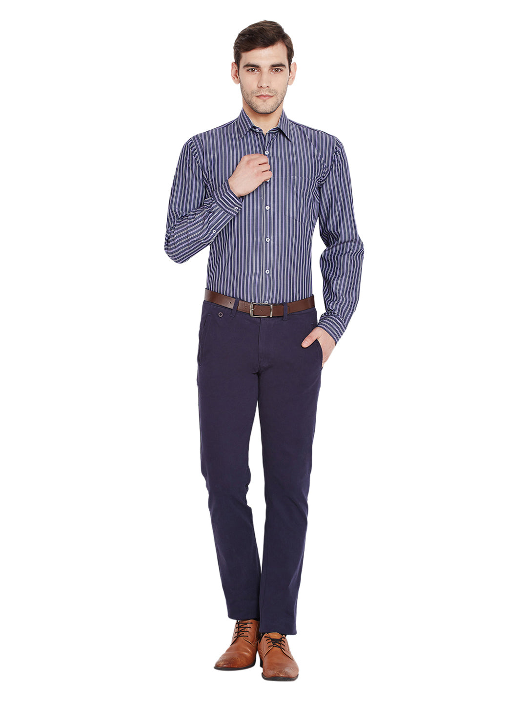 Men Grey Stripes Slim Fit Pure Cotton Formal Shirt
