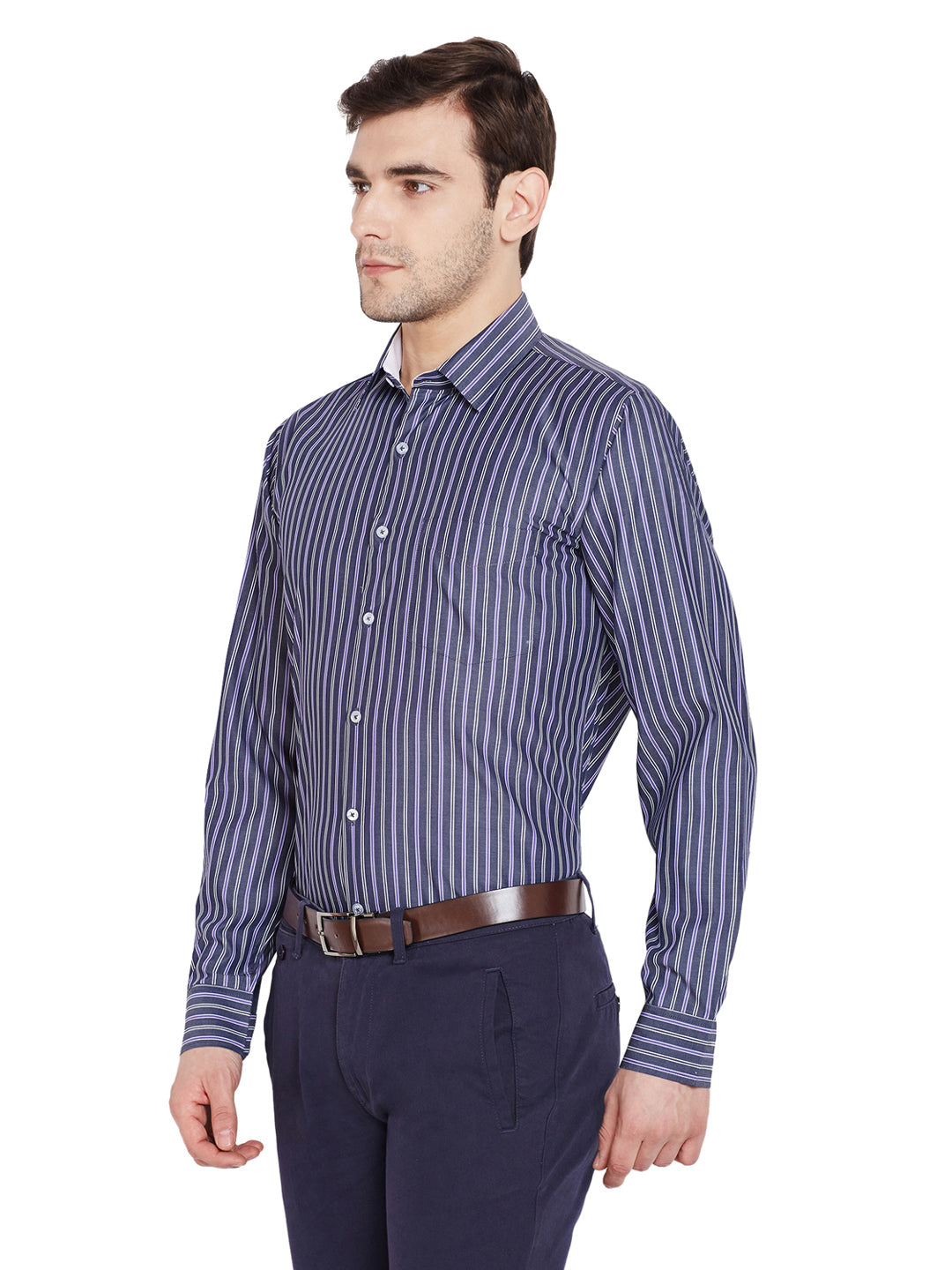 Men Grey Stripes Slim Fit Pure Cotton Formal Shirt