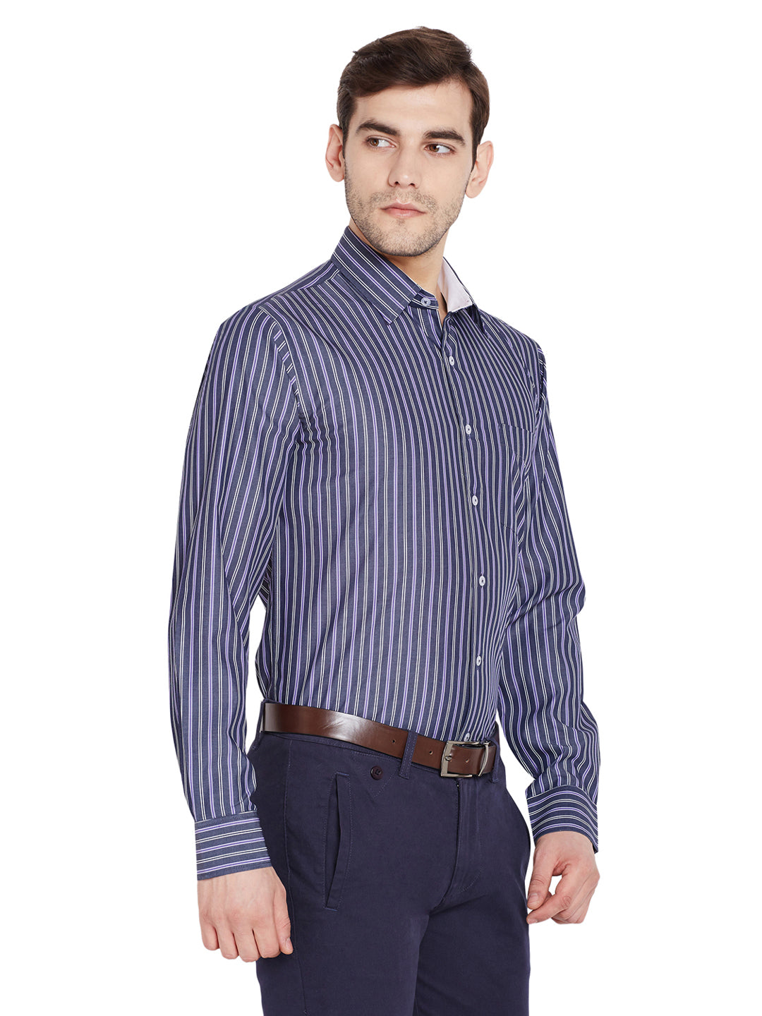 Men Grey Stripes Slim Fit Pure Cotton Formal Shirt