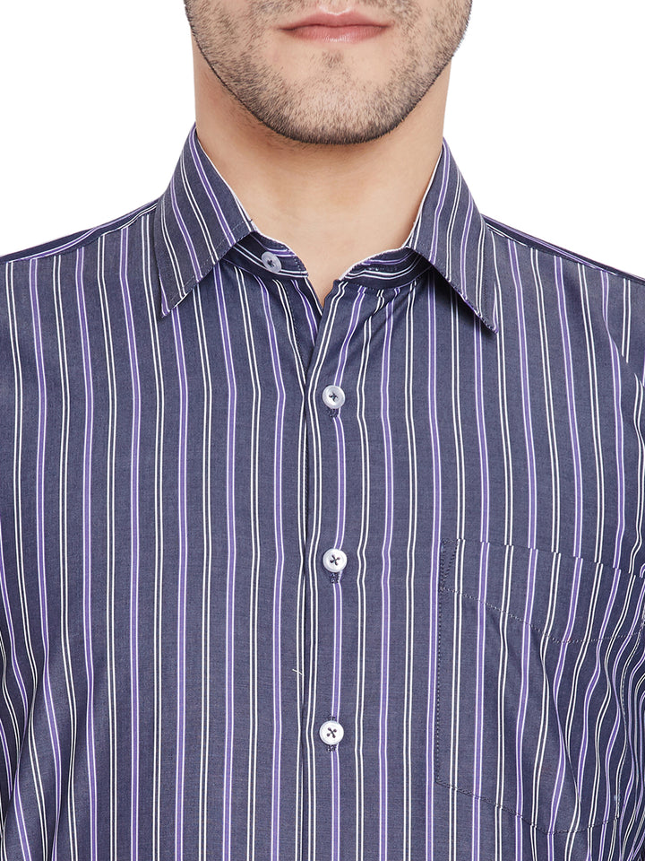 Men Grey Stripes Slim Fit Pure Cotton Formal Shirt