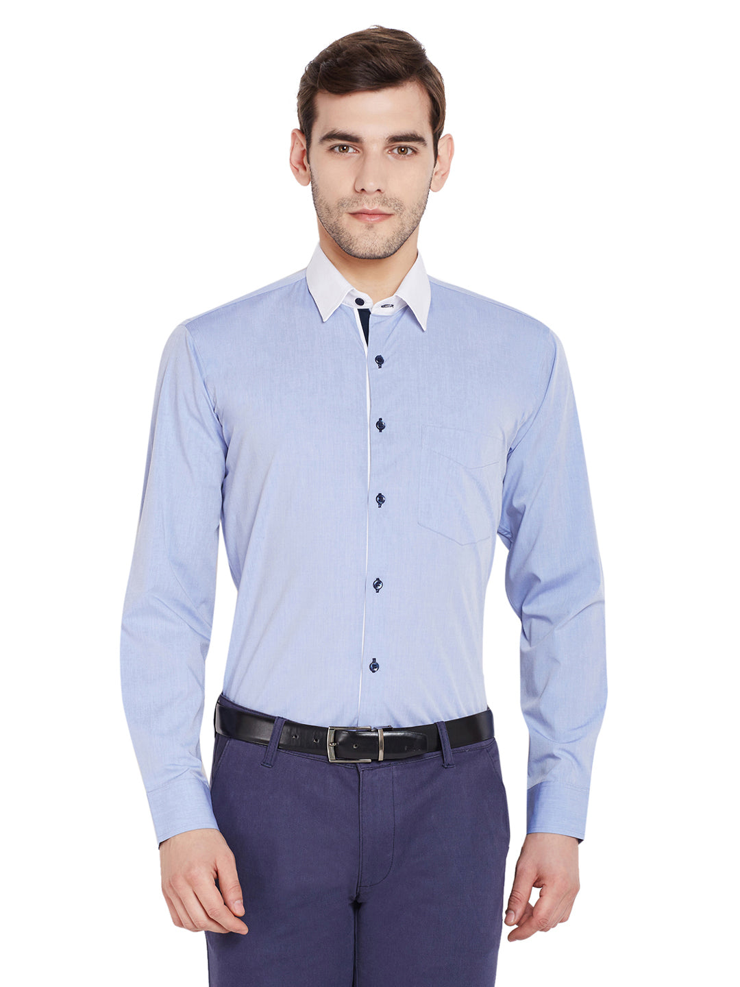 Men Sky Blue Solid Slim Fit Pure Cotton Formal Shirt