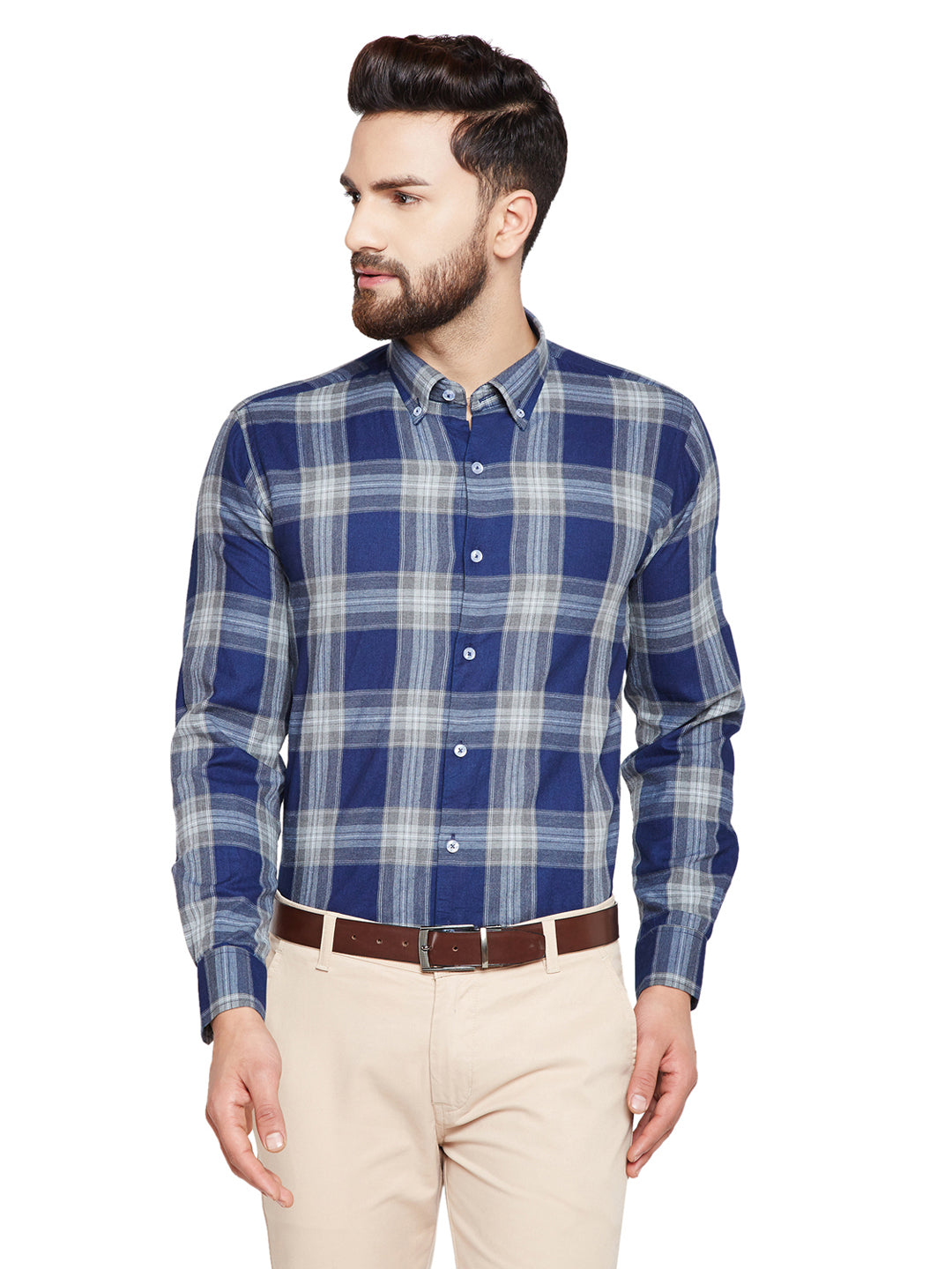 Men Navy Blue Checks Slim Fit Pure Cotton Formal Shirt
