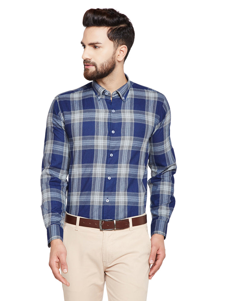 Men Navy Blue Checks Slim Fit Pure Cotton Formal Shirt