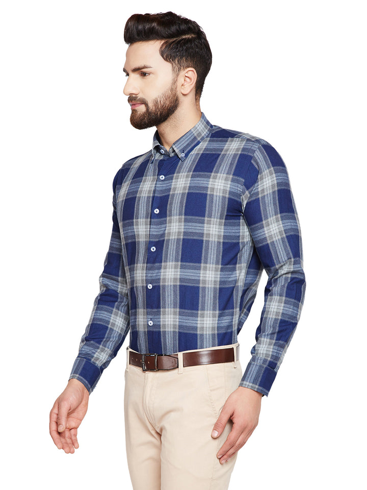 Men Navy Blue Checks Slim Fit Pure Cotton Formal Shirt