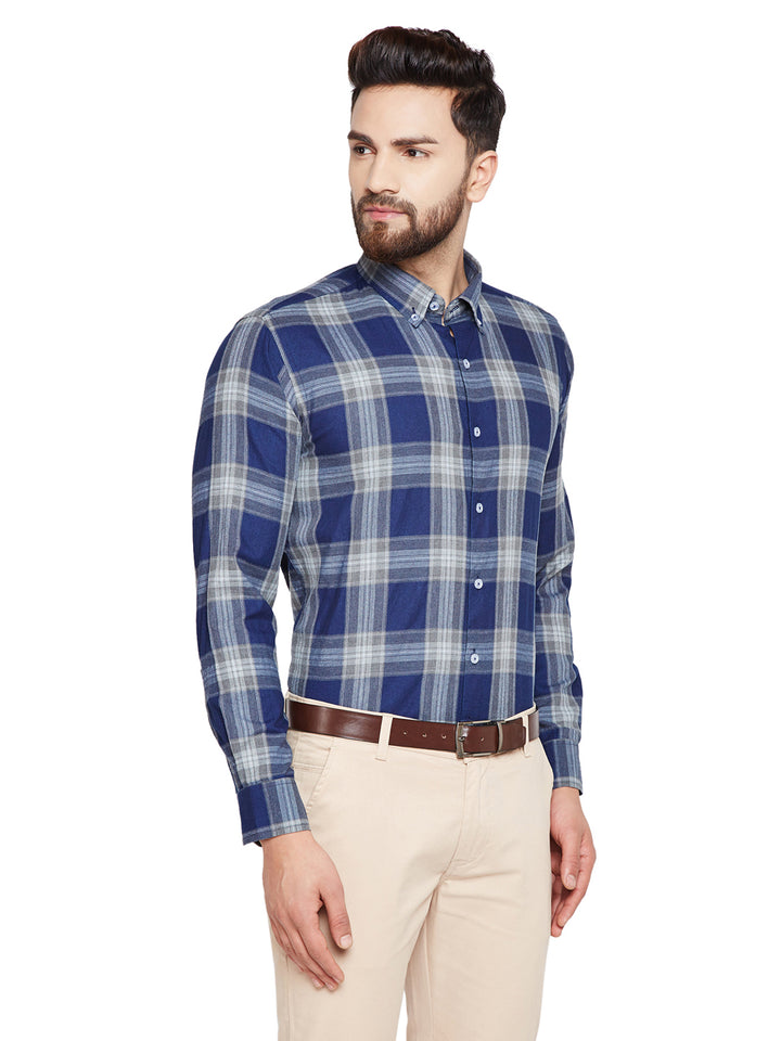 Men Navy Blue Checks Slim Fit Pure Cotton Formal Shirt