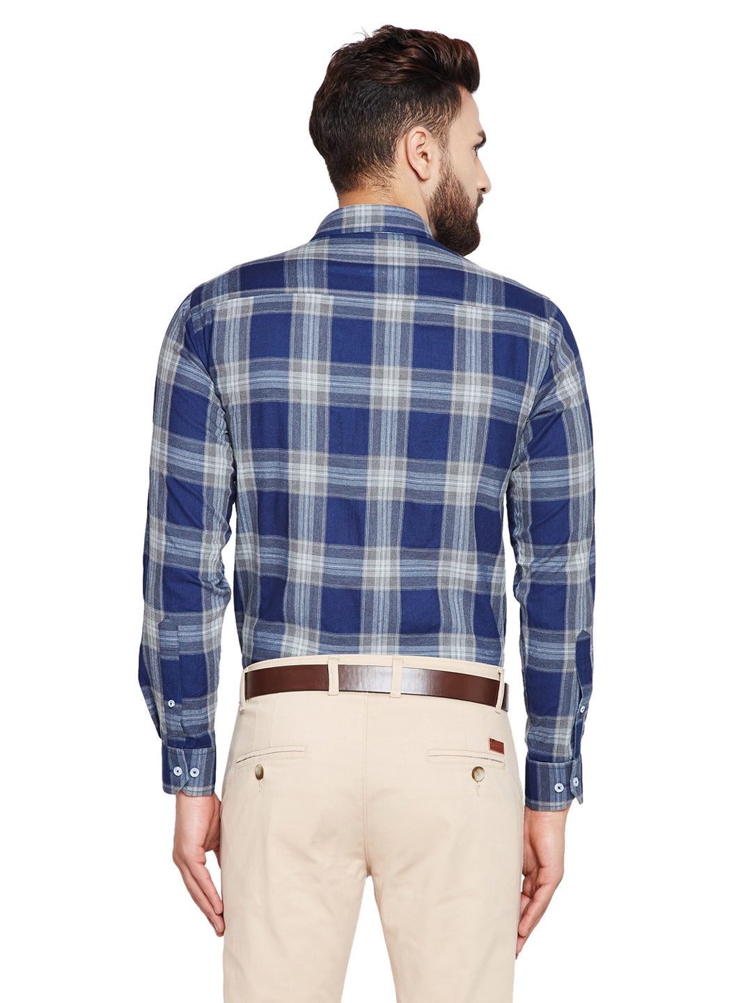 Men Navy Blue Checks Slim Fit Pure Cotton Formal Shirt