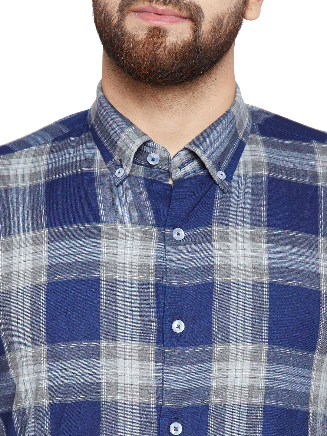 Men Navy Blue Checks Slim Fit Pure Cotton Formal Shirt