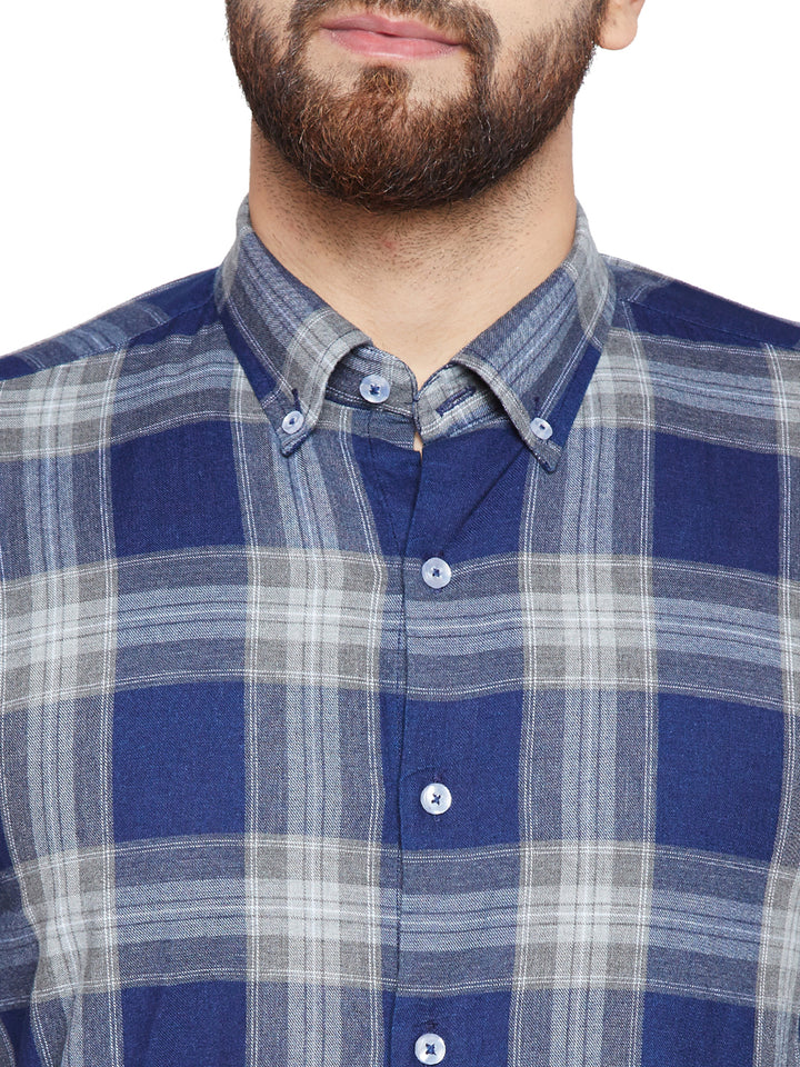 Men Navy Blue Checks Slim Fit Pure Cotton Formal Shirt