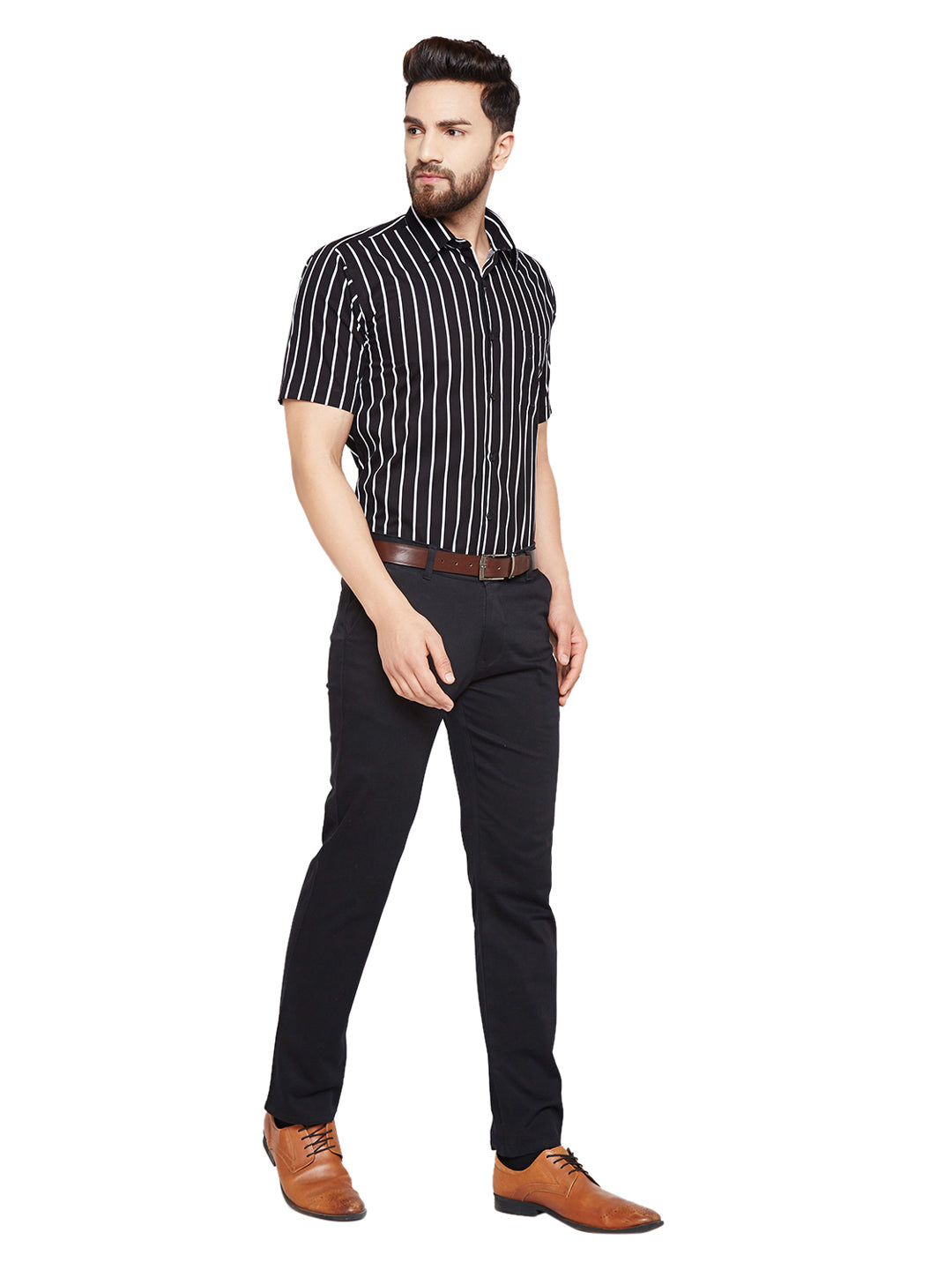 Men Black & White Striped Slim Fit Pure Cotton Formal Shirt