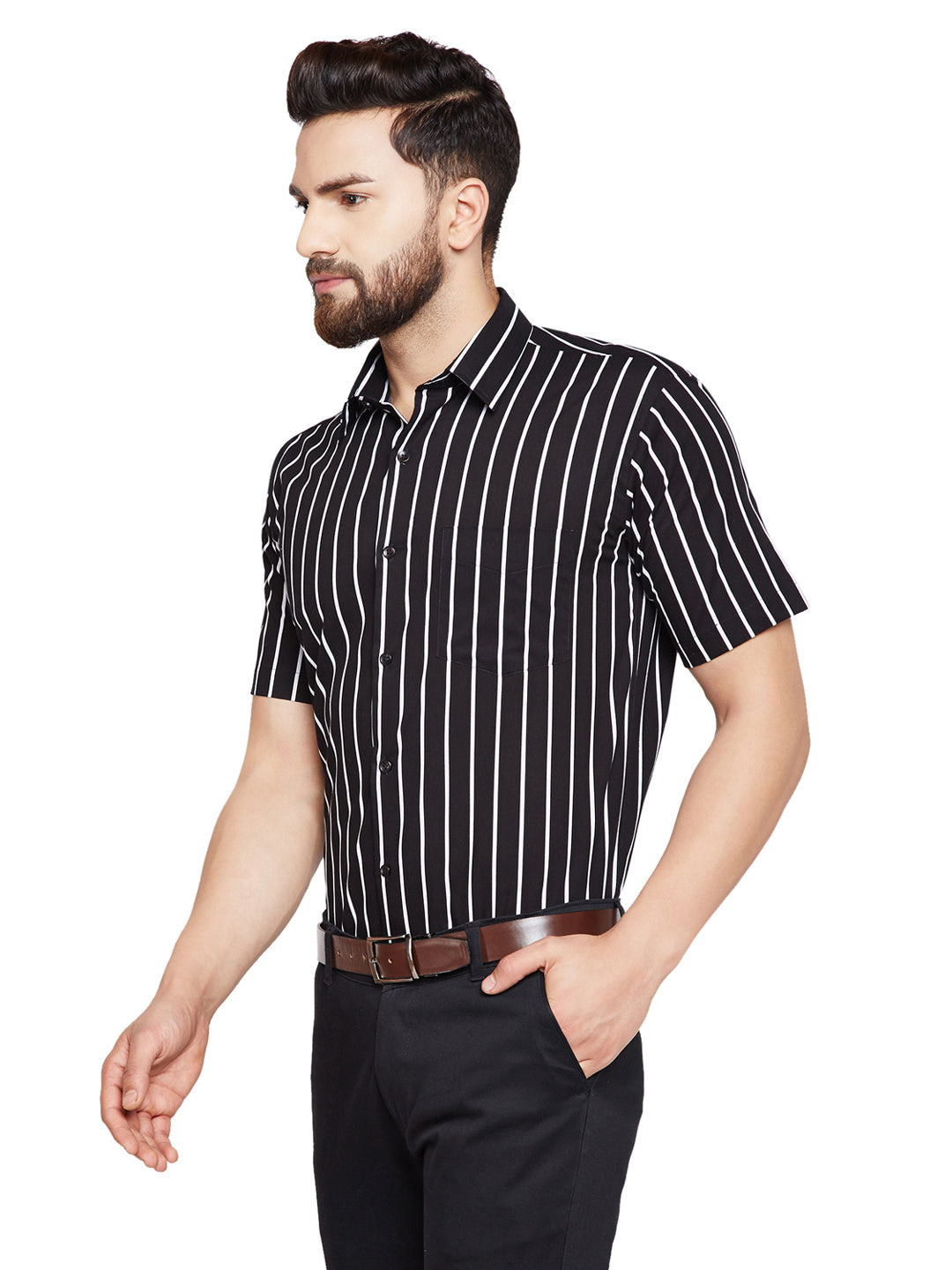 Men Black & White Striped Slim Fit Pure Cotton Formal Shirt