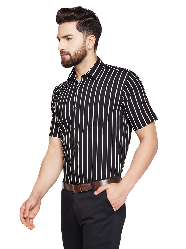 Men Black & White Striped Slim Fit Pure Cotton Formal Shirt