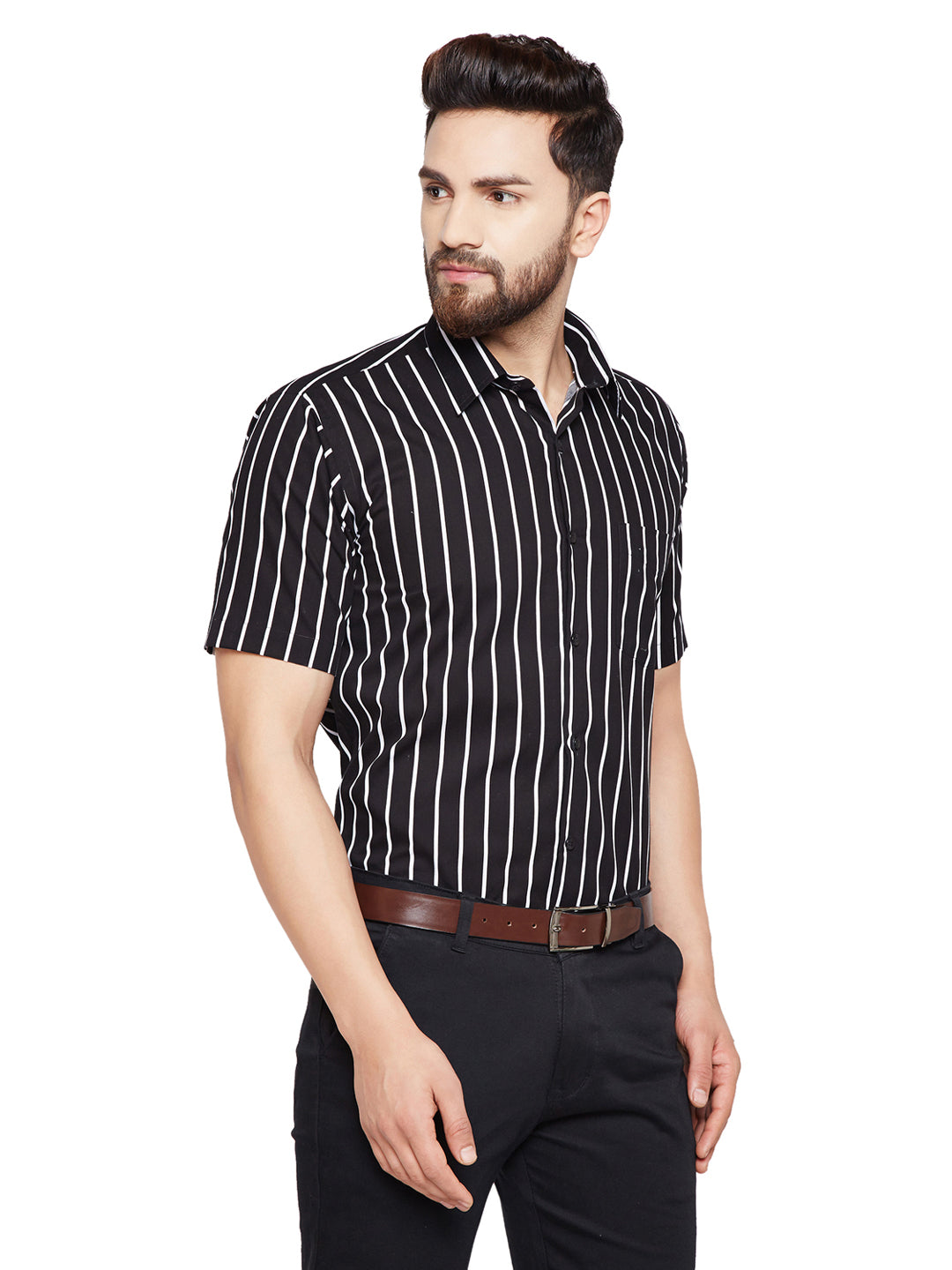 Men Black & White Striped Slim Fit Pure Cotton Formal Shirt