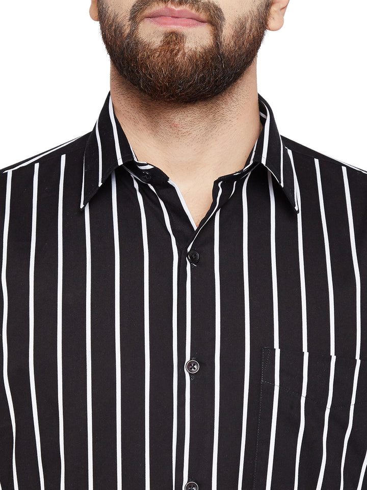 Men Black & White Striped Slim Fit Pure Cotton Formal Shirt