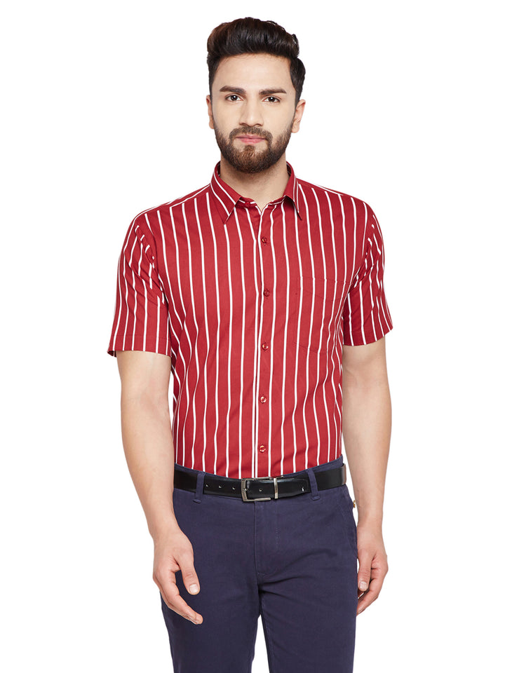 Men Maroon & White Stripes Slim Fit Pure Cotton Formal Shirt