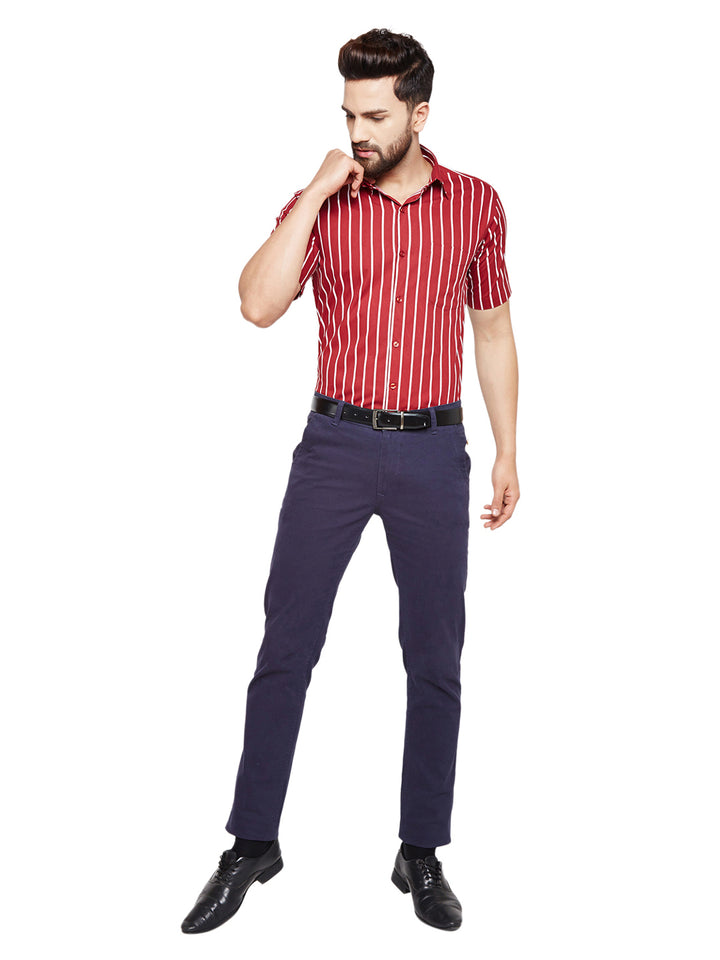 Men Maroon & White Stripes Slim Fit Pure Cotton Formal Shirt