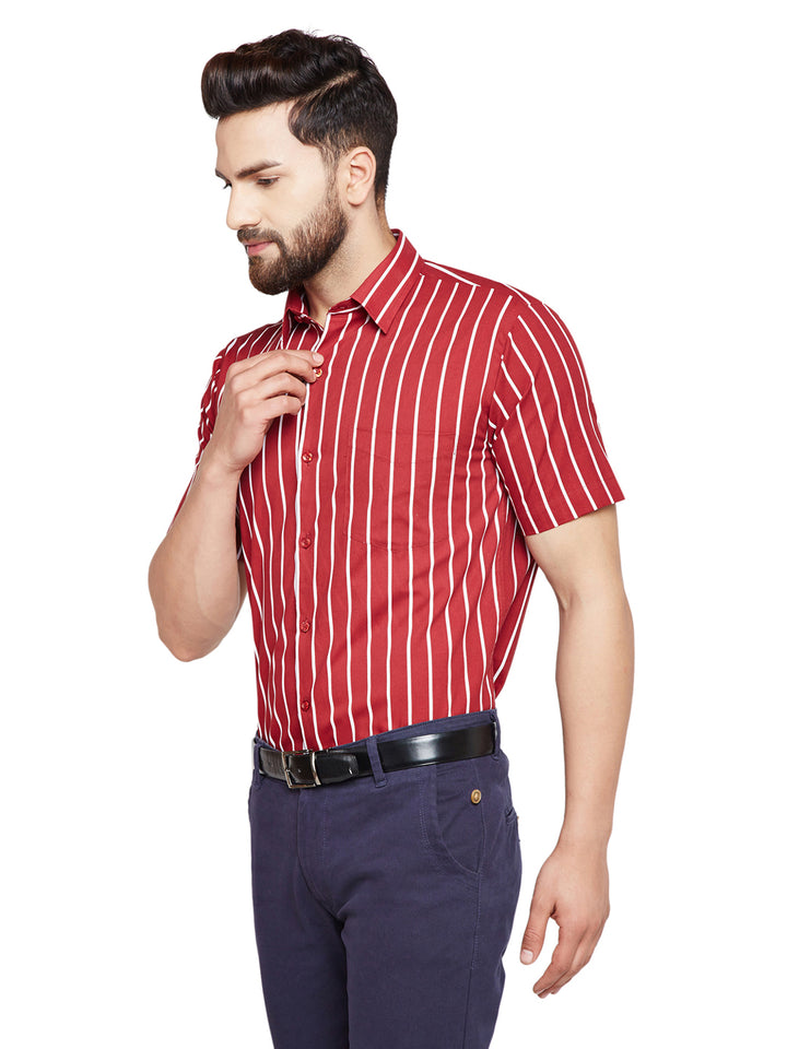 Men Maroon & White Stripes Slim Fit Pure Cotton Formal Shirt