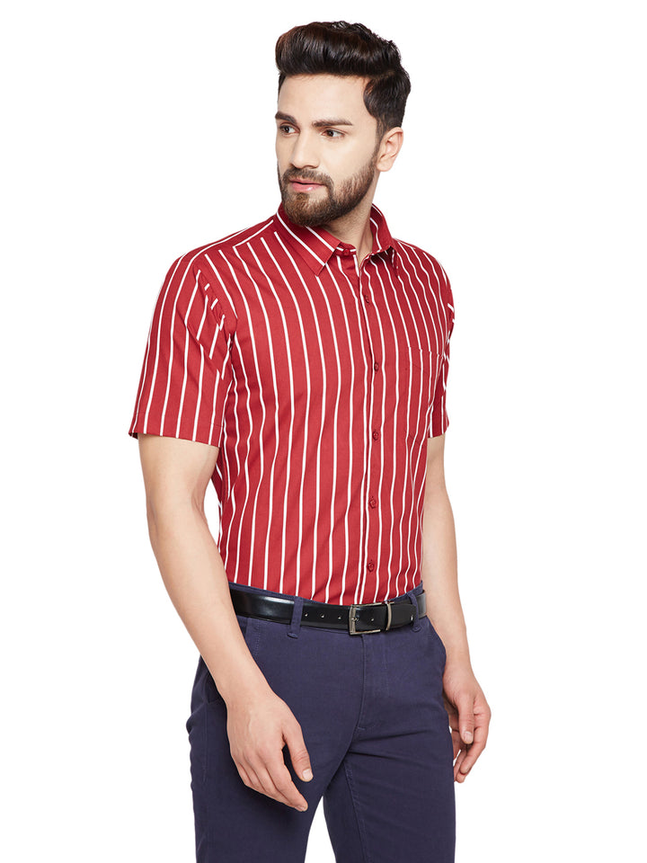 Men Maroon & White Stripes Slim Fit Pure Cotton Formal Shirt