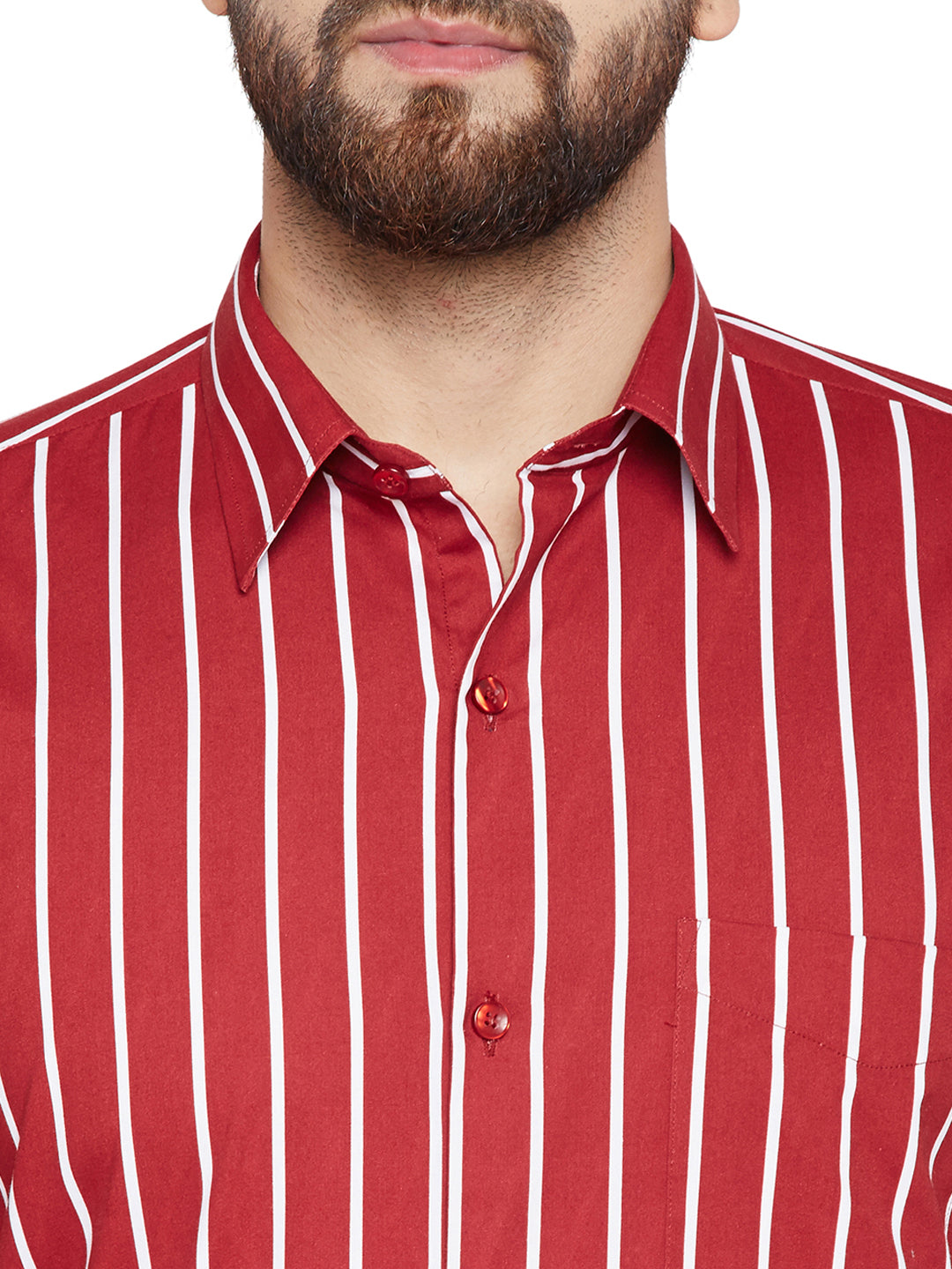 Men Maroon & White Stripes Slim Fit Pure Cotton Formal Shirt