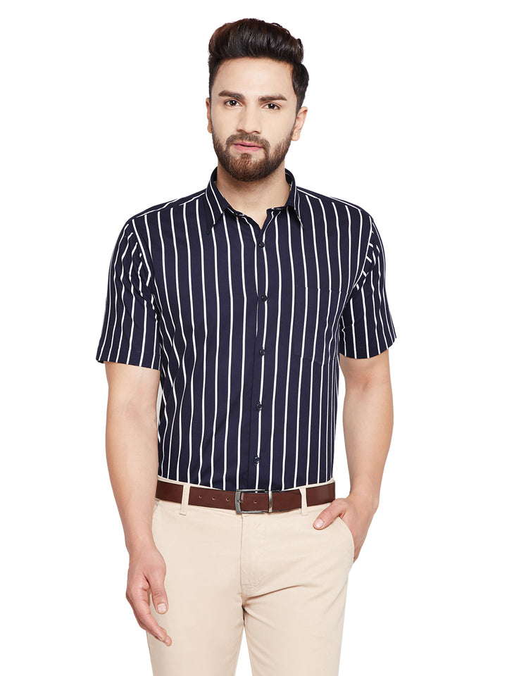 Men Navy Blue & White Stripes Slim Fit Pure Cotton Formal Shirt