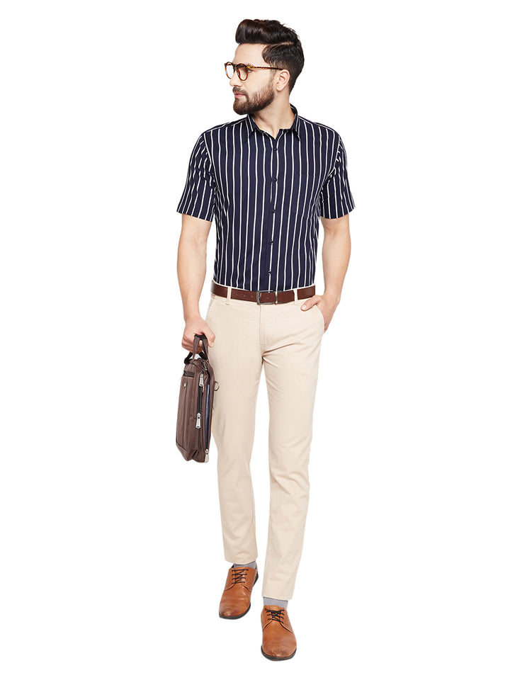 Men Navy Blue & White Stripes Slim Fit Pure Cotton Formal Shirt