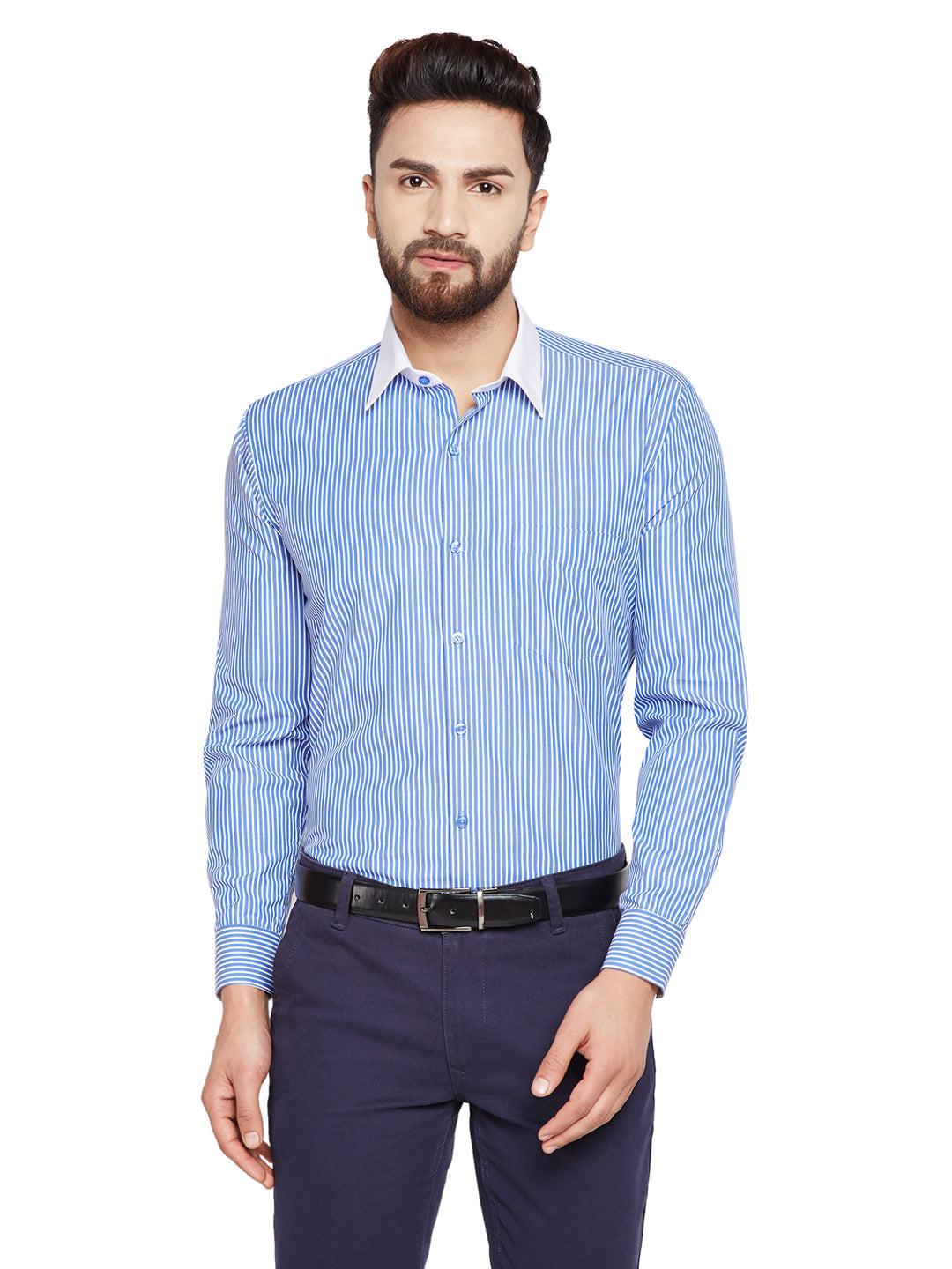 Men Blue & White Stripes Slim Fit Pure Cotton Formal Shirt