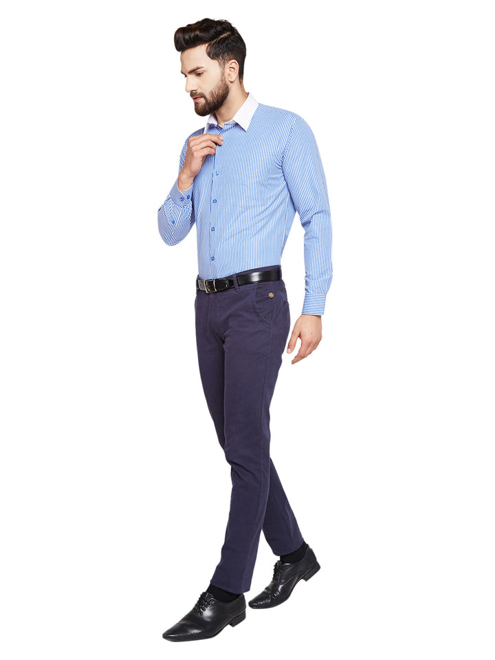 Men Blue & White Stripes Slim Fit Pure Cotton Formal Shirt