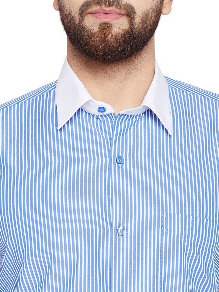 Men Blue & White Stripes Slim Fit Pure Cotton Formal Shirt