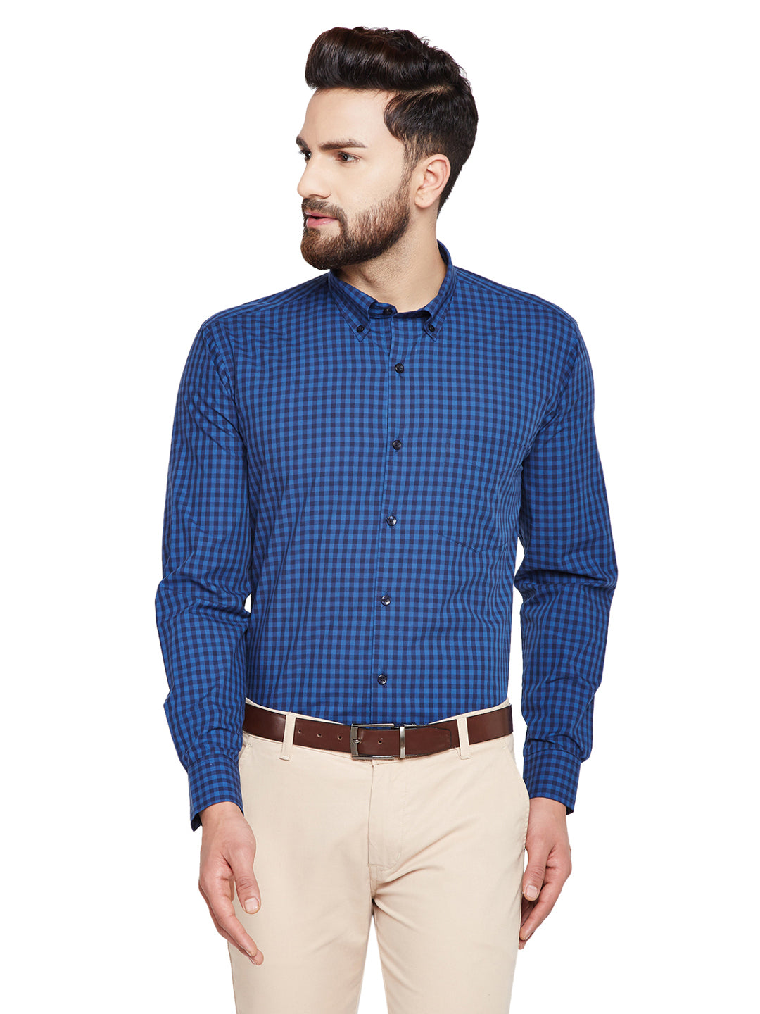 Men Navy Blue & Blue Checks Slim Fit Pure Cotton Formal Shirt