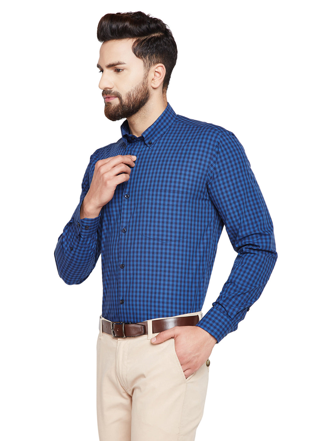 Men Navy Blue & Blue Checks Slim Fit Pure Cotton Formal Shirt